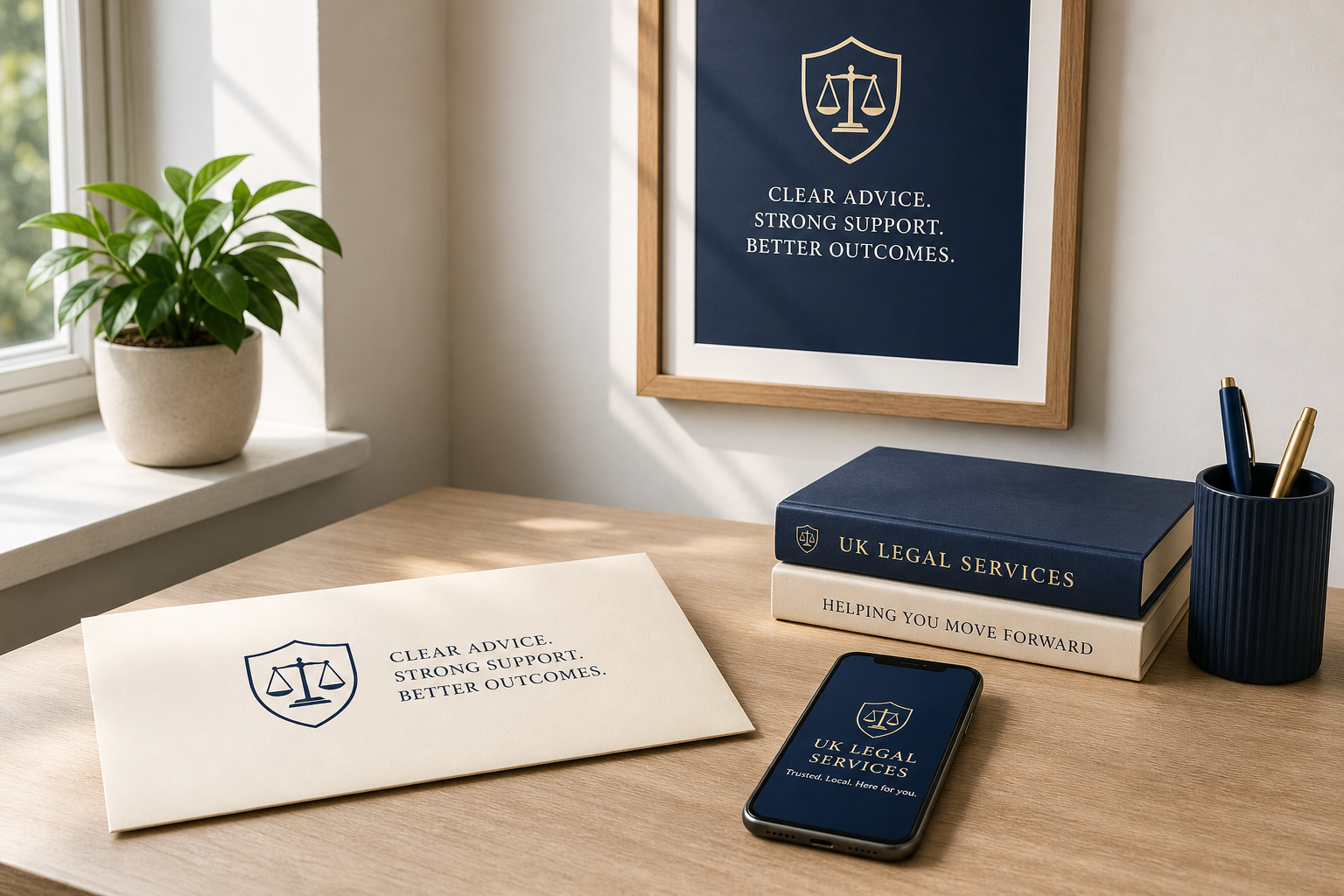 Professional desk with UK legal branding — advice when the police want to speak to you